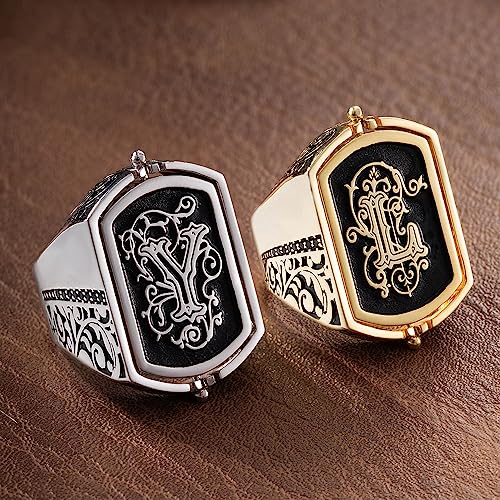 NICEDREAM Double Initial Flip Ring - Custom Monogram Signet Ring for Him - Father's Day Gift - color: Gold