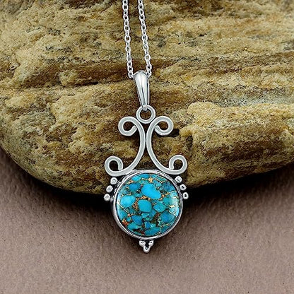 Natural Round Gemstone Pendant Necklace for Women, 925 Sterling Silver | Solitaire Birthstone Jewelry With 18 Inch Chain, Handmade Semi Precious Stone Pendant, Jewelry Gift for Mom, Wife & Sister - color: Blue Copper Turquoise