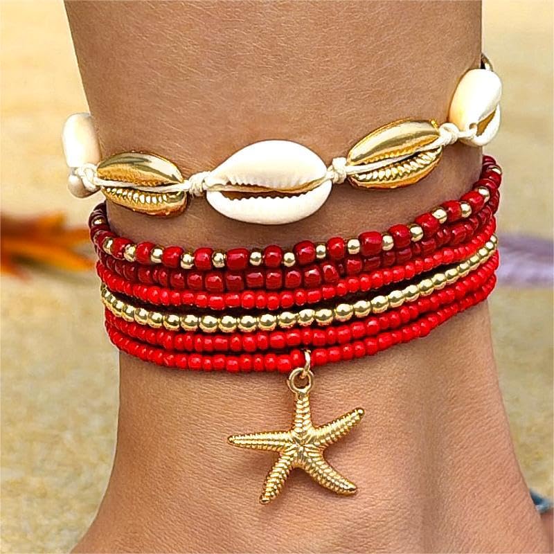 Bohemian Stackable Shell Beaded Ankle Bracelets for Women Colorful Boho Multi-Layer Seashell Gold Starfish Adjustable Handmade Braid Bracelet Summer Beach Holiday Accessories Gifts - color: Red