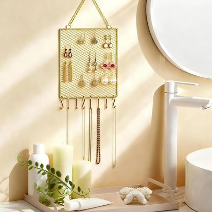 Heshouer Rectangular Earring Wall Holder, Gold. | Wall Mounted, 8 Hooks & Small Grid, For Earrings Necklace, Decorative, For Bedroom Closet Home Decor - size: Rectangular
