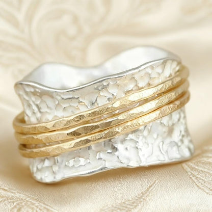 Creative Irregular Lines Two-Tone Wide Rings for Women Daily Casual Party Vacation Personality Jewelry - color: gold & silver