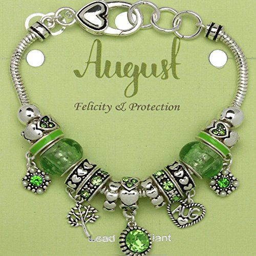 Falari Birthstone Bracelet Multi-Color Charm Beads Silvertone Birthday Gifts for Women - color: 08-August