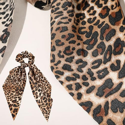 Leopard Hair Scarf Scrunchies for Women - 2Pcs Bow Scrunchies Knotted Bow Hair Ties Long Elastic Bands Satin Hair Ribbon Scrunchy Soft Ponytail Holders for Women Girls Gifts
