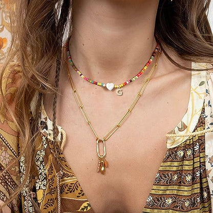 MJartoria Initial Necklaces for Women, Colorful Beaded Necklace, Shell Beach Necklace Letter Choker Handmade Jewelry Gifts - style: G