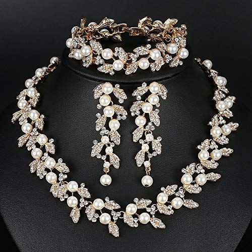 Simulated Pearl Leave Floral Bridal Jewelry Sets, Crystal Wedding Necklace Earrings Bracelet Sets Jewelry Engagement Gift - color: A-Gold