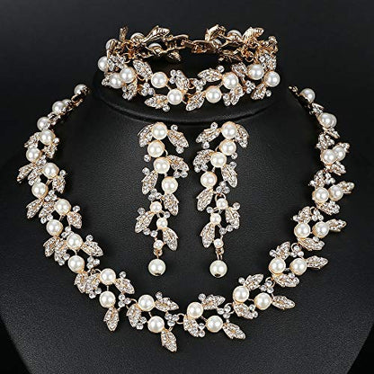 Simulated Pearl Leave Floral Bridal Jewelry Sets, Crystal Wedding Necklace Earrings Bracelet Sets Jewelry Engagement Gift - color: A-Gold