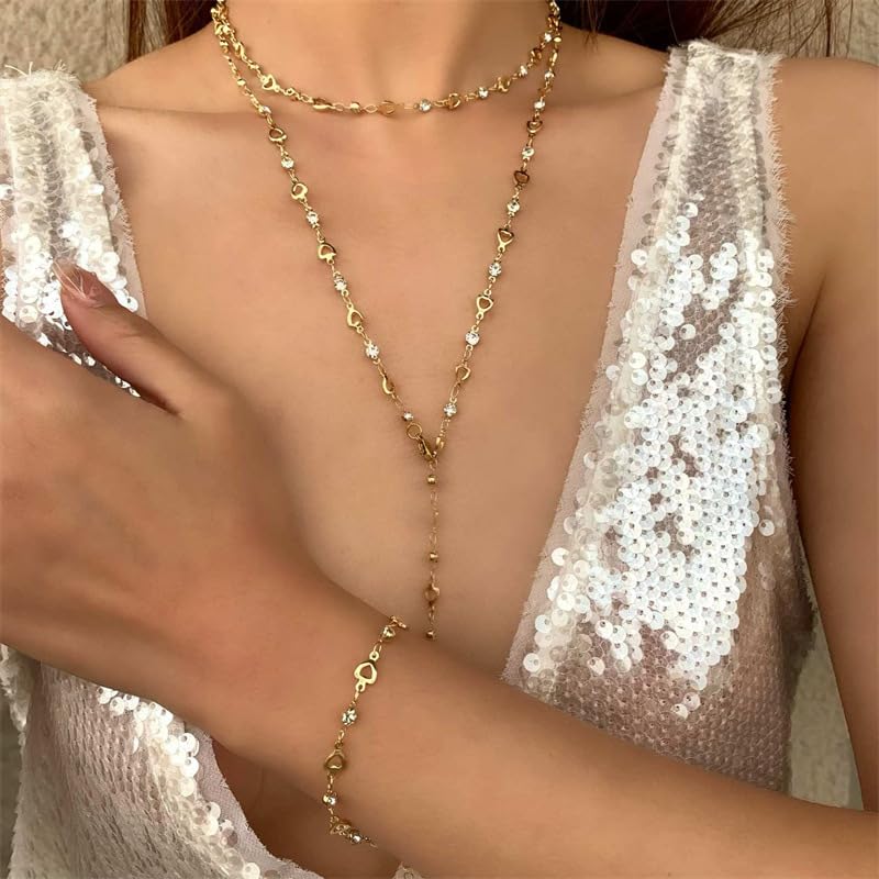 KURTCB Rhinestone Necklace for Women Boho Long Y Lariat Gold Necklace Stack Colorful Summer Beach Jewelry - color: Gold