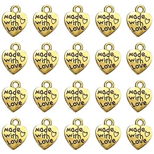 Shapenty 100PCS Mini Metal Beads Heart Shaped “Made with Love” Charms Bulk for DIY Craft Keychain Necklace Pendants Bracelets Earrings Jewelry Making Findings - color: Gold