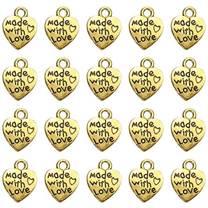 Shapenty 100PCS Mini Metal Beads Heart Shaped “Made with Love” Charms Bulk for DIY Craft Keychain Necklace Pendants Bracelets Earrings Jewelry Making Findings - color: Gold