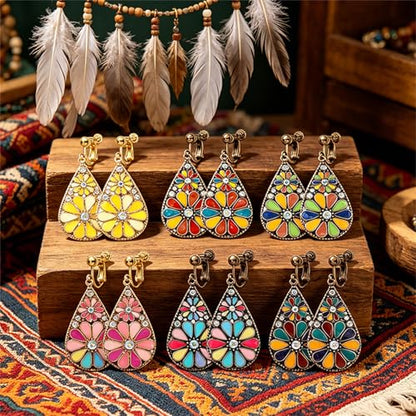 6 Pairs Bohemian Copper Crystal Teardrop Clip On Earrings for Women Handmade Colorful Enamel Floral Dangle Drop Earrings Retro Tribal Style Geometric Design Jewelry Gifts - color: Gold