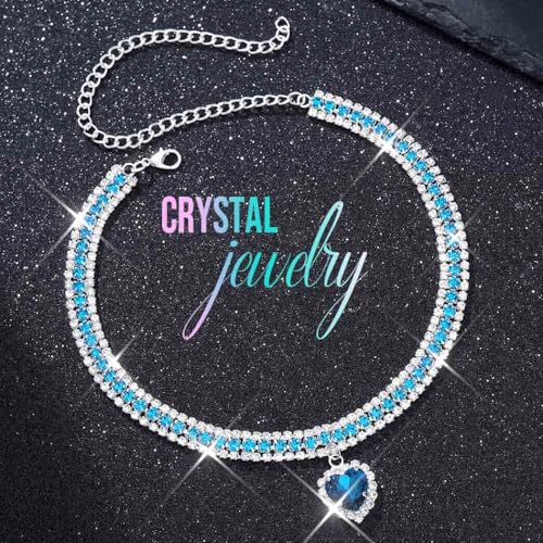 CLOACE Rhinestone Choker Necklace Heart Pendant Diamond Row Necklaces Sparkly Crystal Prom Chain Jewerly Accessories for Women - color: Blue