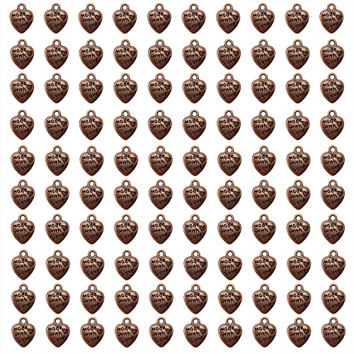 Shapenty 100PCS Mini Metal Beads Heart Shaped “Made with Love” Charms Bulk for DIY Craft Keychain Necklace Pendants Bracelets Earrings Jewelry Making Findings - color: Copper