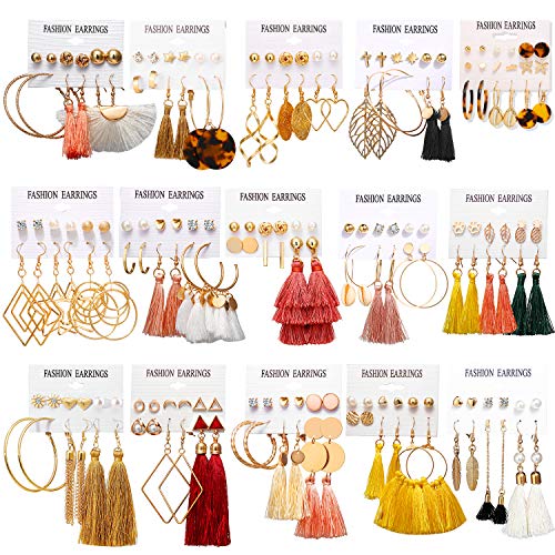 18-32 Pairs Tassel Earrings Set with Colorful Tassel Long Layered Dangle Hoop Tiered Thread Earrings Set for Women Jewelry Fashion and Valentine Birthday Party Gift - style: 93 Pairs Tassel Earrings