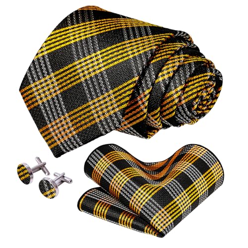 5PCS Mens Silk Tie, Pocket Square, Cufflinks, Drilled Tie Ring and Lapel Pin Set for Wedding Groom Party - color: Gold Plaid Tie Set -186+186