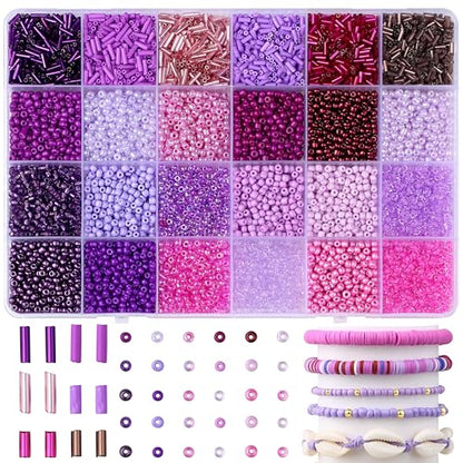 LAIDANLA 7500pcs Mix Purple Glass Seed Beads Kit for Jewelry Making with 3mm Tiny Bead and 4mm/6mm Bugle Tube Bead 24 Colors Waist Embroidery Beads for Bracelets Necklaces DIY Craft Beading Kit - color: Purple