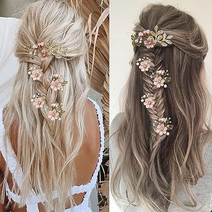5 PCS Bridal Flower Wedding Hair Pins Crystal Pearl Hair Clips Headpiece Gold Wedding Hair Accessories Jewelry with Rhinestone for Brides Bridesmaids Women Girls Updo(Cherry Blossoms Pink) - color: Exquisite Flower Leaves&Cherry Blossoms Pink