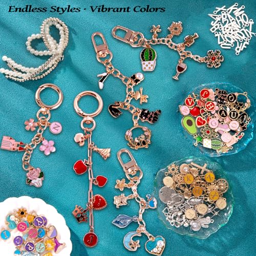 Wurosi 325PCS Charms Lip Gloss Keychain Making Kit, DIY Bag Charm Kit | Included 20 Keychain Clips 25 Extender Chain 118 Charms Jewelry Plier, Keychain Making Supplies for Jewelry Making,Xmas Gifts - color: 325 Pcs Gold Keychain Kits