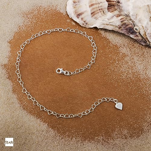 Amberta 925 Fine Sterling Silver Naturally Adjustable Anklet - 3 mm Heart Chain Ankle Bracelet - up to 10" inch - Flexible Fit