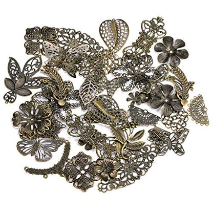 100g Antique Bronze Filigree Connectors Charms Pendants Findings Iron Metal Embellishments for DIY Hairpin Headwear Earring Jewelry Making, Nickel Free (Antique Bronze) - color: Antique Bronze