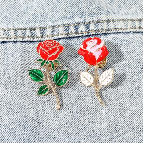 Red Rose Flower Brooch Pin for Women Girls Men Red Green Enamel 14k Gold Plated Cute Floral Lapel Pins Dress Accessories Boutonniere Corsage for Hat Bag Suit Tie Jewelry for Wedding Anniversary