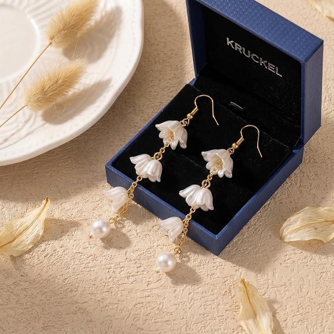 Kruckel Long Dangle Earrings for Women, White Floral Pearl-Inspired | Pearl Drop Earrings, Lightweight Gold-Tone Jewelry for Weddings, Parties, Bridesmaids, Birthdays and Occasion Gifts - color: White Gold D