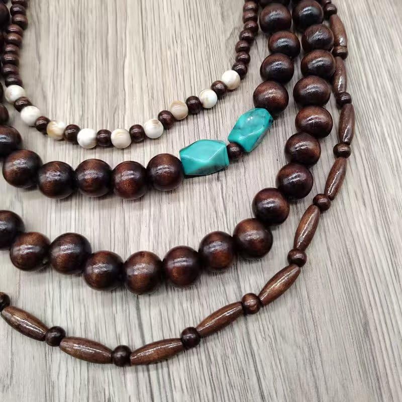 Elisheva Beaded Statement Necklace, Bohemian Layered Wood Bead and Turquoise Necklace, Chunky Coconut Shell Collar Necklace, Tribal Collar Jewelry for Women - color: wood and turquoise necklace