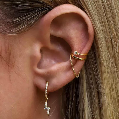 14K Gold Plated Double Layer Cuff Earring with Chain & Cubic Zirconia, Minimalist Dangle Ear Cuff for Women, No Piercing Needed