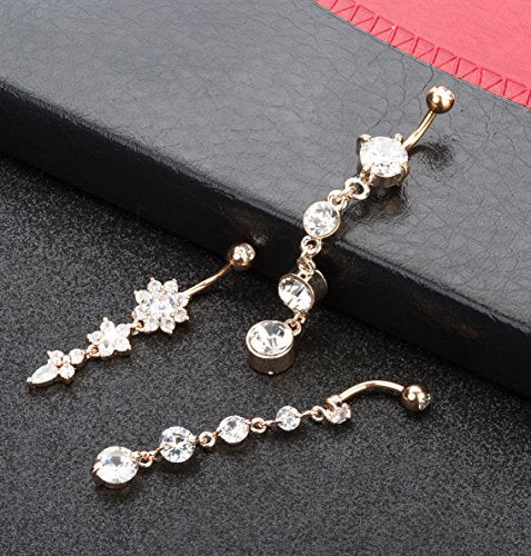 3-6PCS 14G 316L Stainless Steel Belly Button Rings for Women Navel Rings Barbell Dangle Flower CZ Body Piercing - color: B: 3 Pcs Rose-tone