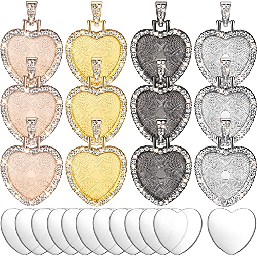 Hicarer 24 Piece Rhinestone Bezel Pendant Tray Set, Include 12 Pcs Heart Shaped Pendant Tray Colorful Blank Charm with 12 Pcs Clear Cabochon for DIY Jewelry Craft(Gold, Silver, Rose Gold, Black)