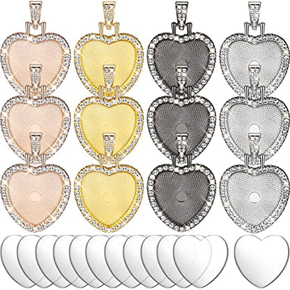 Hicarer 24 Piece Rhinestone Bezel Pendant Tray Set, Include 12 Pcs Heart Shaped Pendant Tray Colorful Blank Charm with 12 Pcs Clear Cabochon for DIY Jewelry Craft(Gold, Silver, Rose Gold, Black)