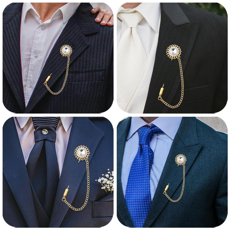 Mens Sunflower Lapel Pin Crystal Rhinestone Brooches for Men Hanging Chain Brooch Suit Pin Flower Lapel Pins for Men Wedding Business Party - color: White