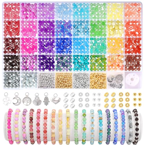 6mm Glass Beads for Jewelry Making, 1396pcs Ink Patterns Crystal Beads | Funtopia 34 Colors Round Glass Beads Kits for Bracelets Necklace DIY Earrings Crafts with Spacer Beads and Charms - color: #3 Ink Patterns, size: 6mm