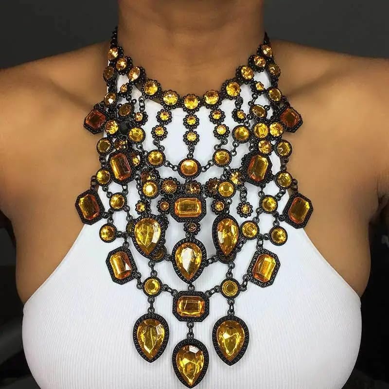 925 Sterling Silver Bib Jewelry Sets For Women - ZA Indian Ethnic Round Water Drop Crystal Tassel Necklace Earrings Jewelry Sets Statement Large, Chunky Rhinestone Necklace - color: Purple - Bib Necklace
