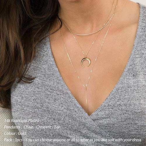 Turandoss Gold Layered Necklaces for Women - 14K Gold Plated Handmade Multilayer Bar Pearls Coin Disc Moon Butterfly Medallion Adjustable Dainty Layered Choker Necklaces for Women Jewelry - style: "3PCS -14k-Gold-Plated Chain&Crescent&Bar