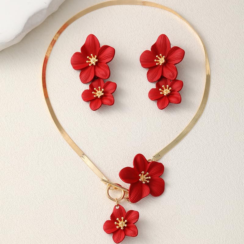 Colorful Flower Necklace Earrings Set for Women Gold Snake Chain Toggle Clasp Pendant Necklaces Dainty Double Flowers Statement Earrings Bridal Wedding Summer Beach Jewelry for Women - color: red