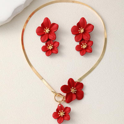 Colorful Flower Necklace Earrings Set for Women Gold Snake Chain Toggle Clasp Pendant Necklaces Dainty Double Flowers Statement Earrings Bridal Wedding Summer Beach Jewelry for Women - color: red