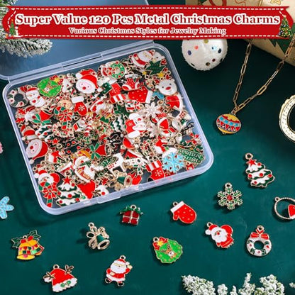 Modacraft 120 Pcs Christmas Charms for Jewelry Making, Multiple Styles Gold Enamel Pendant Charms with Santa Snowflake Tree for DIY Bracelet Necklace Earring Keychain Craft Supplies Holiday Decor Gift - style: Christmas-120 Pcs