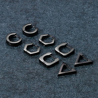 Aroncent 2-8Pcs Womens Mens Huggie Hoop Triangle Earrings Viking Runes Stainless Steel Ear Stud Novelty Black/Gold/Silver - color: A-Black