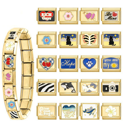 Italian Charms Bracelet Sets Heart Brascelet,18 of Charms and Opening Tools (8 Random Pattern and 10 Blank Modules) - style: Cartoon-Golden