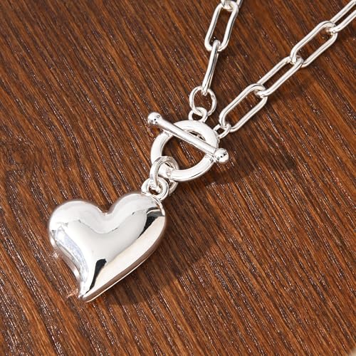 14K Gold Plated Two Sides Carved Stone Heart Shape Necklace for Women Love Pendant Necklace Jewelry for Daily and Gifts - color: Silver Heart