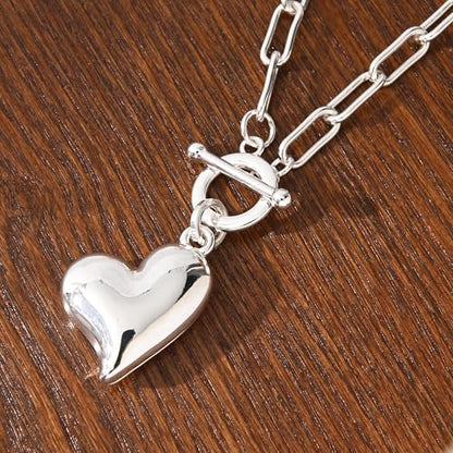 14K Gold Plated Two Sides Carved Stone Heart Shape Necklace for Women Love Pendant Necklace Jewelry for Daily and Gifts - color: Silver Heart