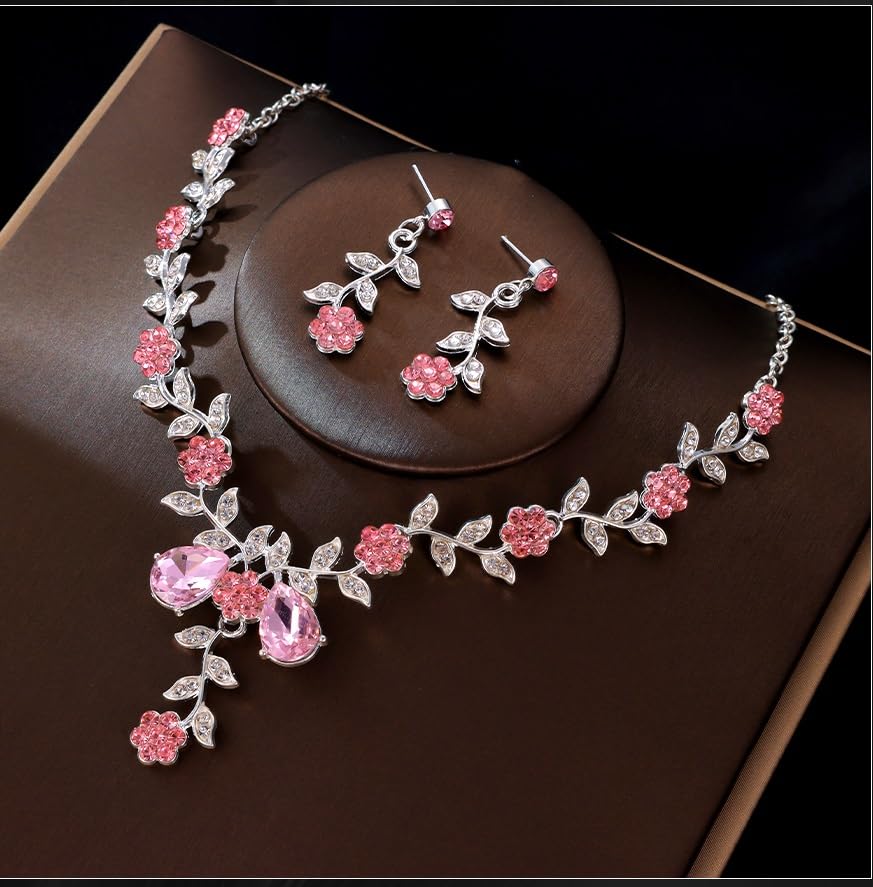 Kamirola Women's Wedding Jewelry Leaf Cluster Flower Crystal Dangle Earrings Pendant Necklace Set for BridalCrystal Bridal Jewelry Set - color: Silver Pink