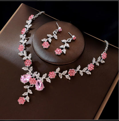 Kamirola Women's Wedding Jewelry Leaf Cluster Flower Crystal Dangle Earrings Pendant Necklace Set for BridalCrystal Bridal Jewelry Set - color: Silver Pink