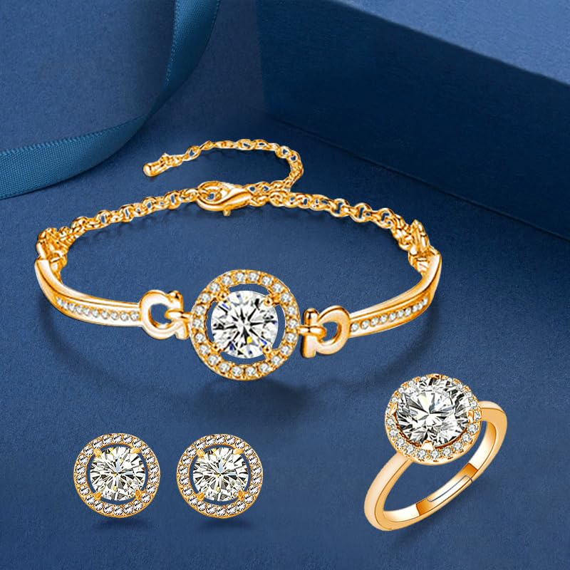 Women 4Pieces Cubic Zirconia Jewellery Set Rhinestone Necklace Earrings Bracelet Ring - color: Gold