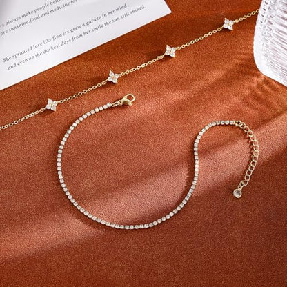 CAROVO Gold Ankle Bracelets for Women Waterproof,14K Gold Plated Bead Leaf Heart Dot Satellite Chain Layered Anklets Non Tarnish Summer Beach Jewelry Gift for Women - style: E: CZ