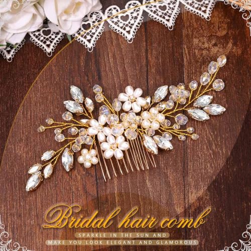 JAKAWIN Wedding Hair Accessories Bridal Hair Pieces Pearl Hair Comb | Rhinestone Bride Prom Hairpiece for Women - color: B Gold