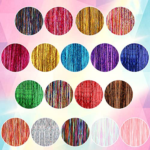 FEBSNOW Hair Extension Tinsel, 3600 Strands Sparkling Hair Kit with tool | 47Inches 18 Colors Glitter Heat Resistant Strands, Girls Party Accessories, Christmas Wedding Halloween Hair Styling Supplies - color: Multi 18 colors