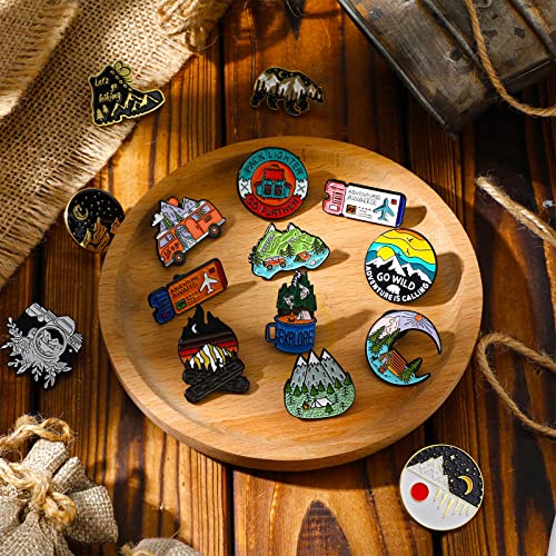 15 Pcs Enamel Pins for Backpack Hat Outdoors Adventure Brooch Pins Cute Camping Lapel Nature Aesthetic Jewelry for Women Men Clothing Bags DIY Crafts Gifts