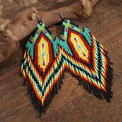 Bohemian Tassel Colorful Beaded Earrings For Women Trendy, Long Fringe Feather Drop Jewelry Handmade Gifts. - color: color8