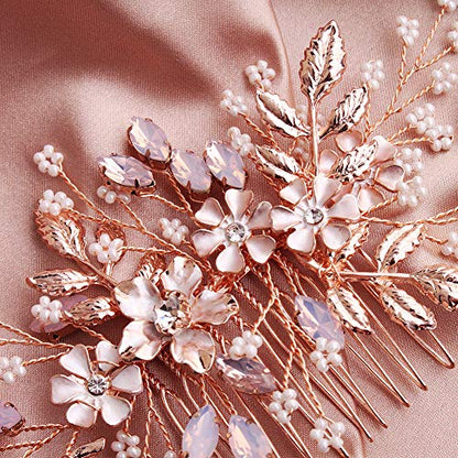 HapiBuy Wedding Hair Comb Rose Gold Crystal Simulated Pearl Bridal Hair Comb For Bride and Bridesmaid